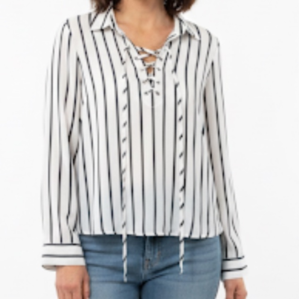 Paper Crane Striped Lace-Up Blouse - Black and White size S